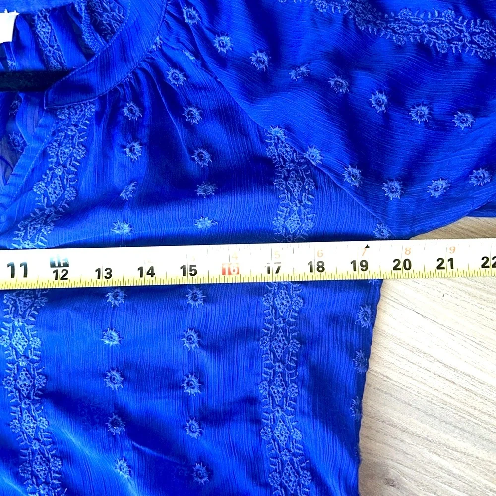 Olive & Oak Embroidered Sheer Top Blue NWOT Hi Lo Split Neck Boho Career